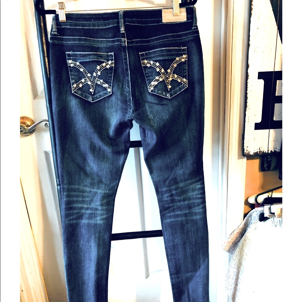 VGS Skinny Jeans - Size 4 Distressed Dark Faded Wash w/Embroidered Back Pockets